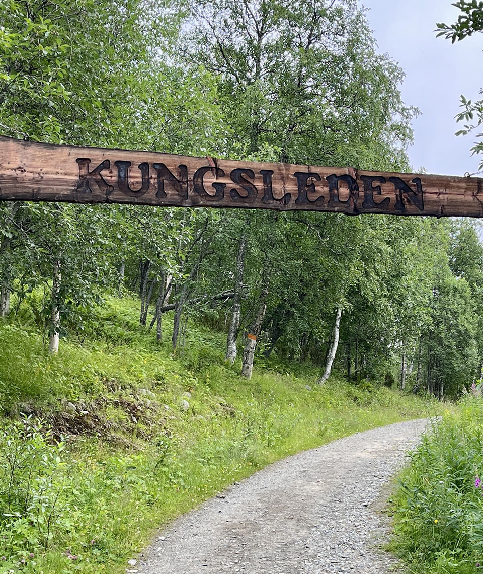 A gray forest path leading past a forest with a wooden sign above it that reads “Kungsleden”.