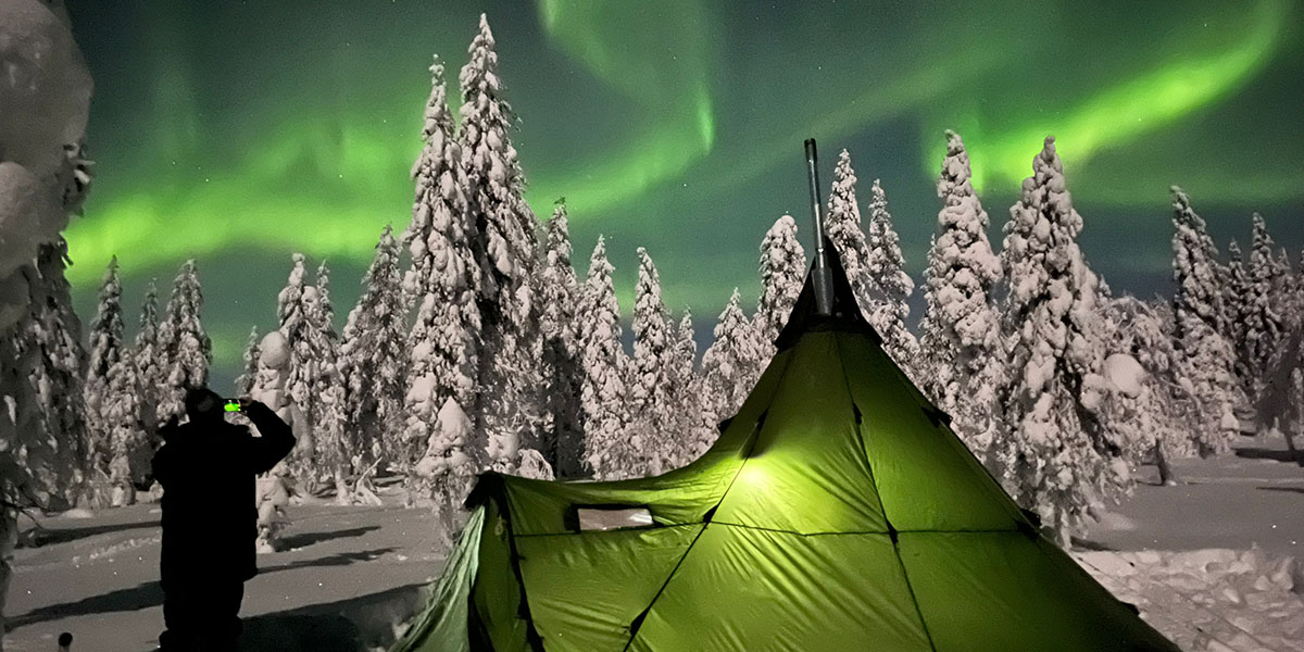 A person photographing the Northern Lights standing next to a green tent in the forest with snow-covered trees in the background with a dark blue sky and green, dancing Northern Lights above.